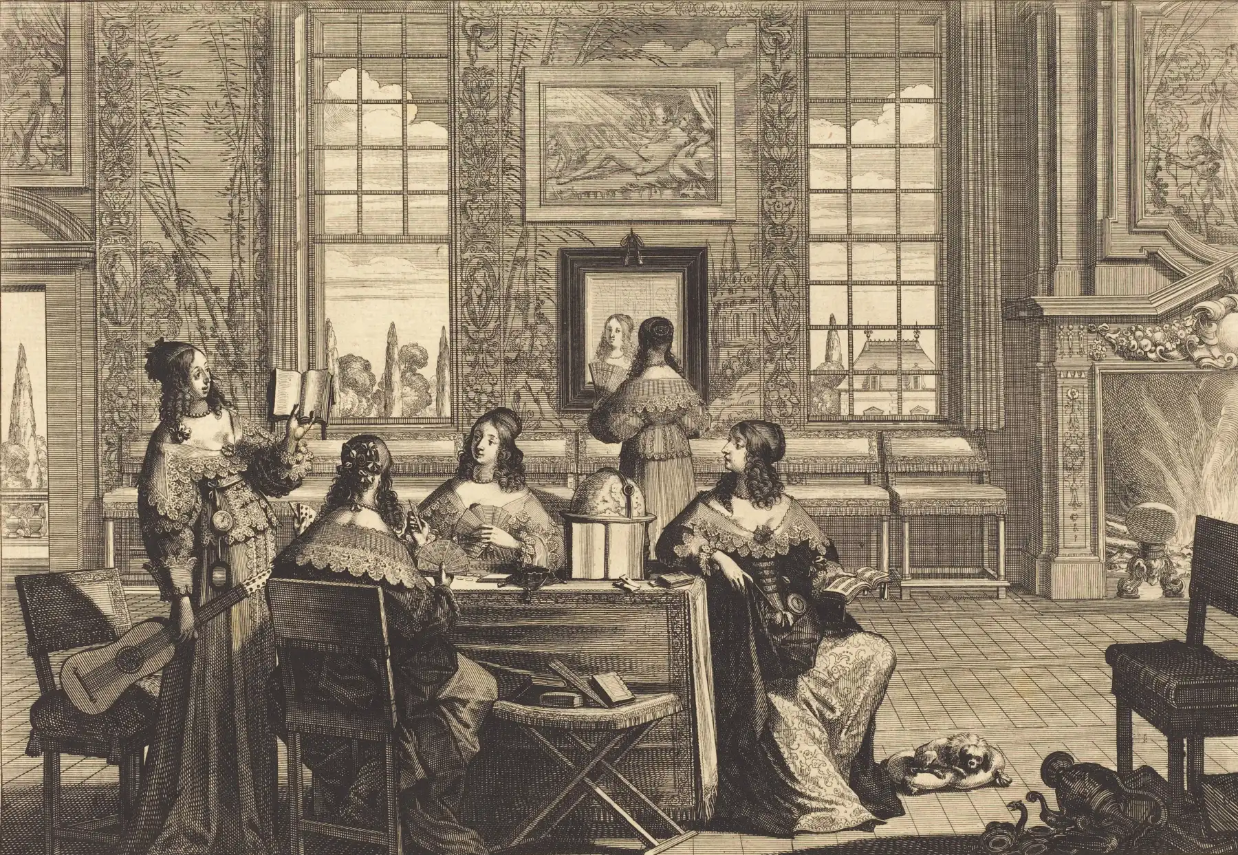 Engraving of five women in a panelled salon, one standing and reading aloud from a book while the others listen around a table