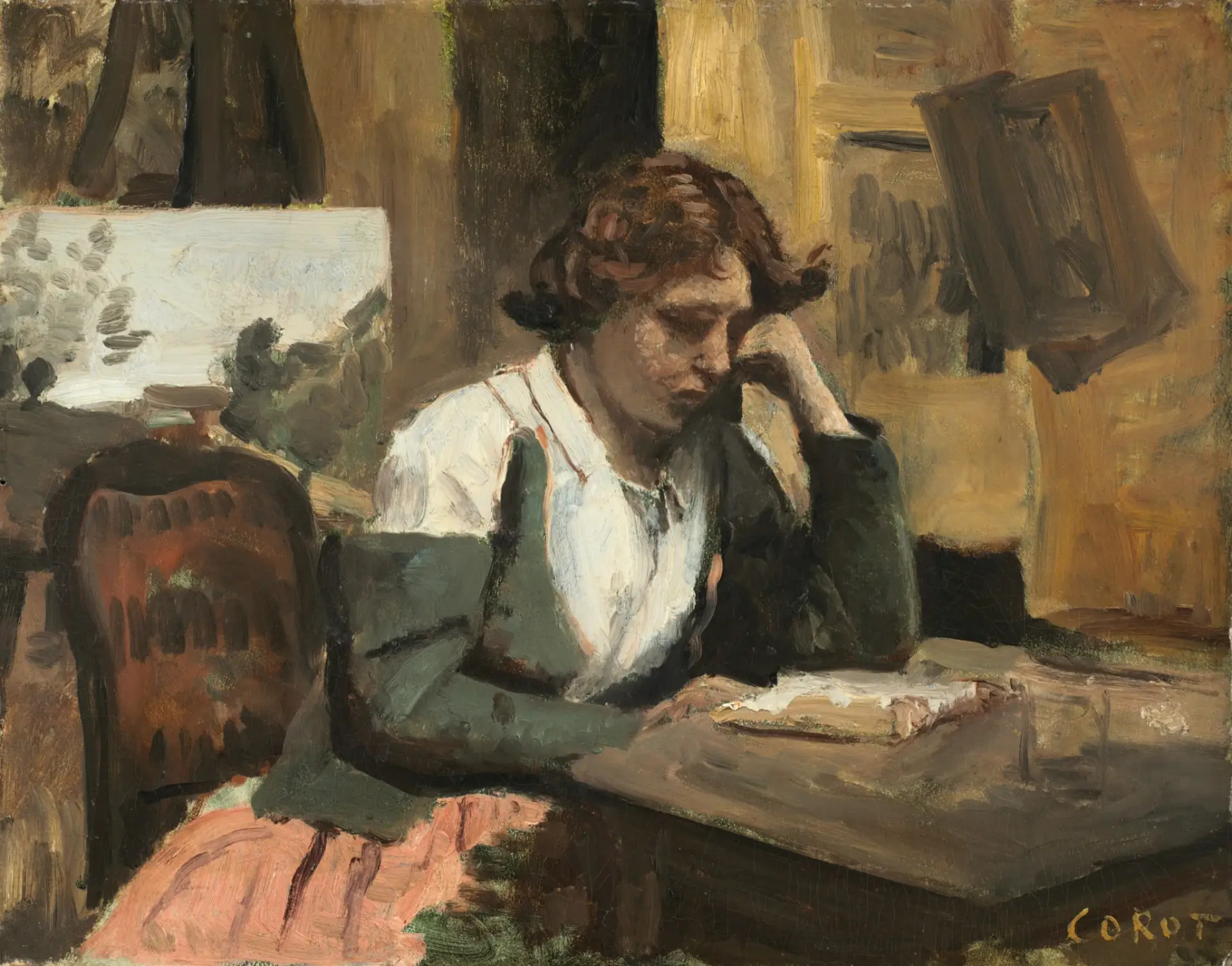 Oil sketch of a woman at a table, head resting on one hand, absorbed in an open book