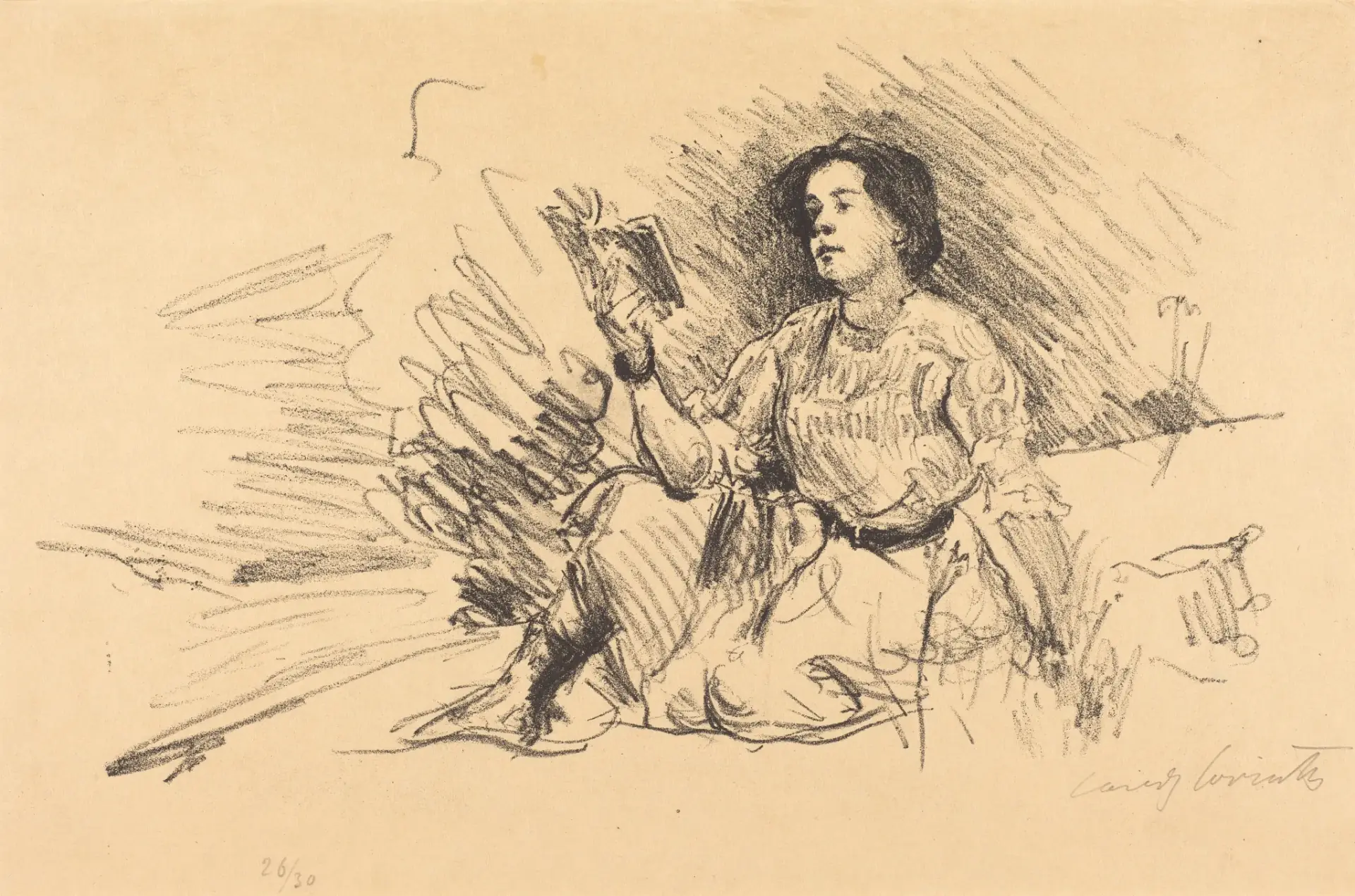 Lithograph of a woman sitting in long grass, reading, drawn in loose crayon strokes