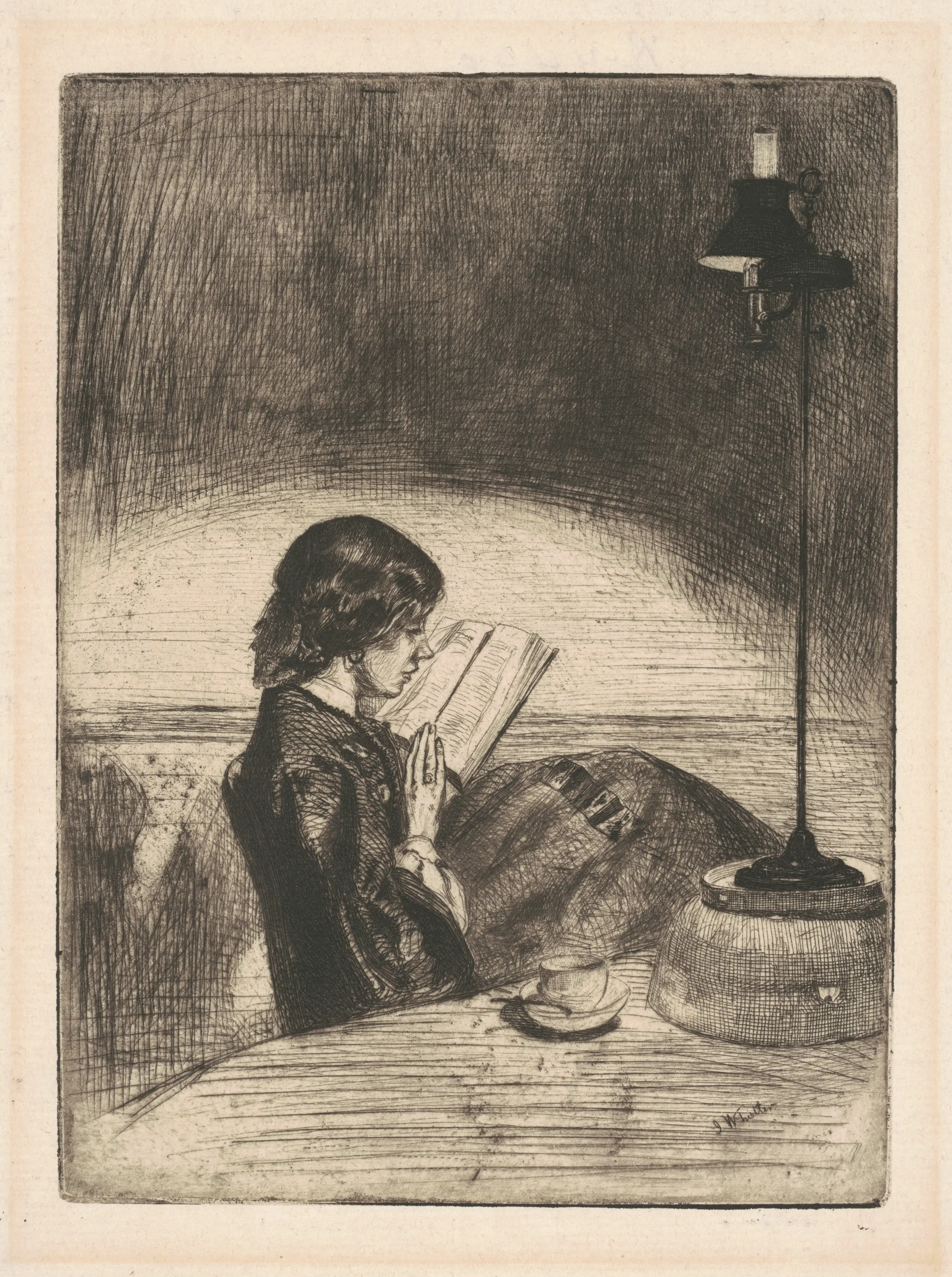 Vintage etching of a woman reading by lamplight